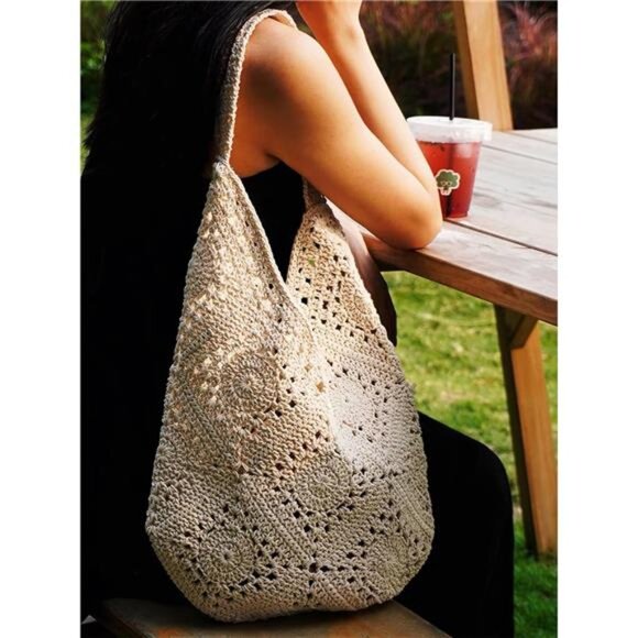 Crochet Beach Bags for Women Beige - Picture 4 of 7